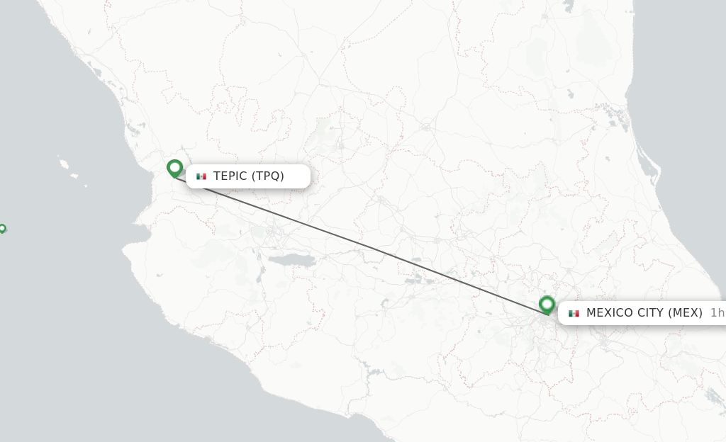 Flights from Tepic to Mexico City route map
