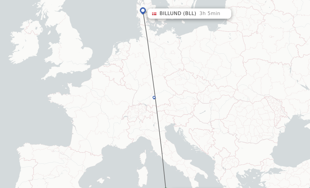 Flights from Trapani to Billund route map