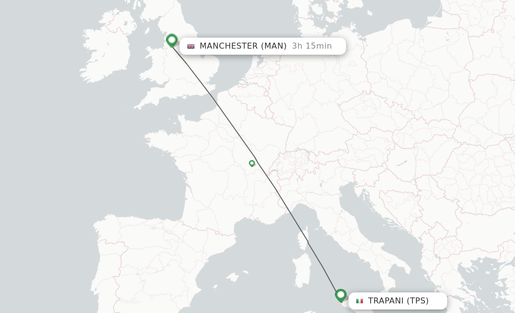 Flights from Trapani to Manchester route map
