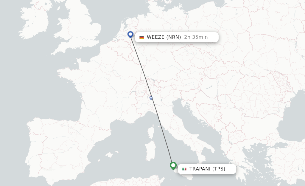 Flights from Trapani to Dusseldorf route map