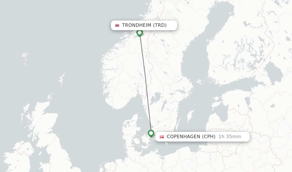 Flights from Trondheim to Copenhagen route map