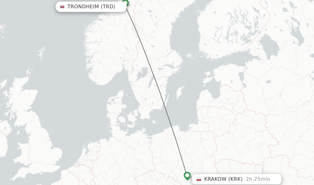 Flights from Trondheim to Krakow route map