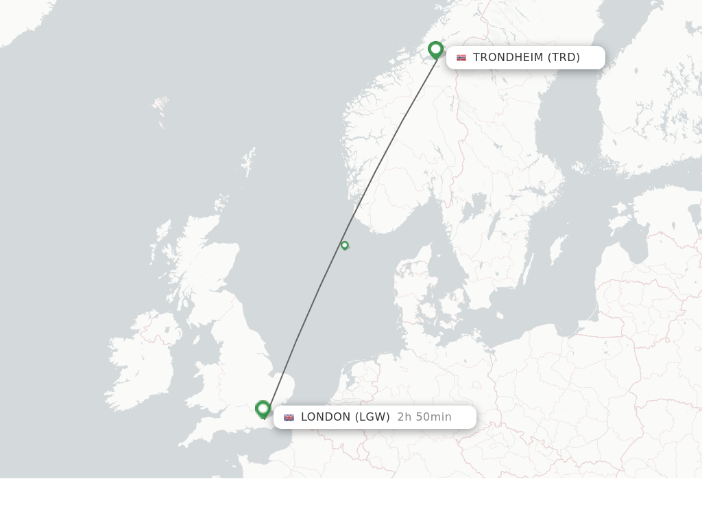 Flights from Trondheim to London route map
