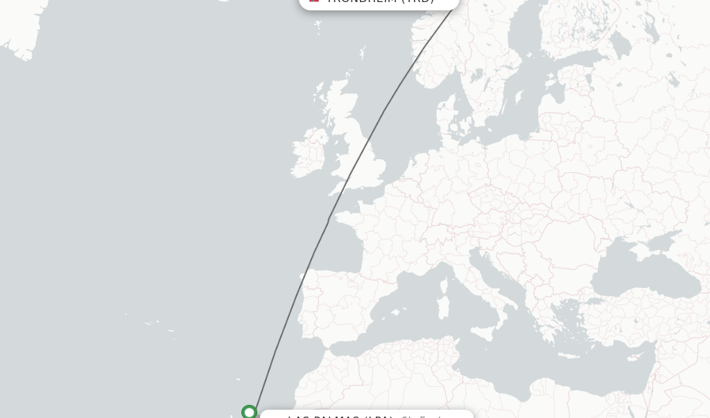 Flights from Trondheim to Las Palmas route map