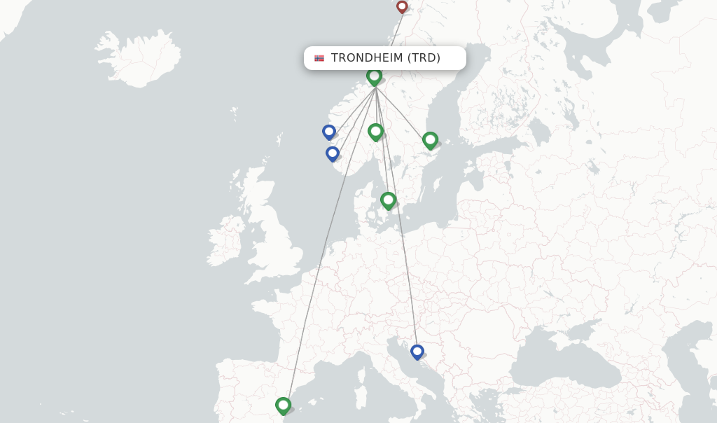 Route map with flights from Trondheim with SAS