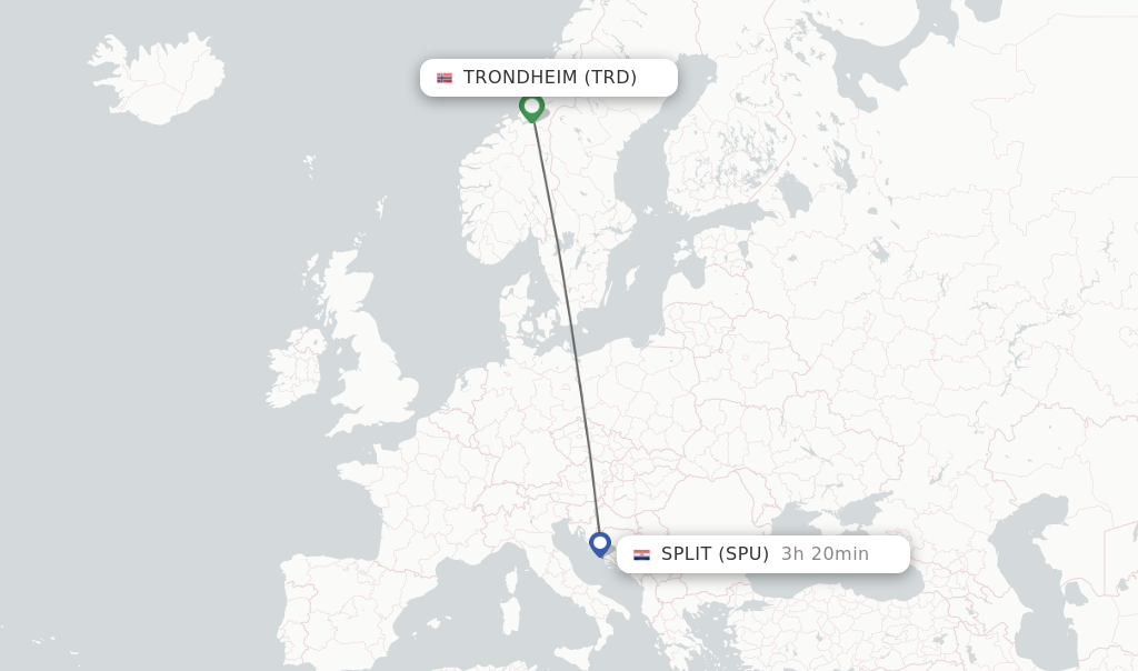Flights from Trondheim to Split route map