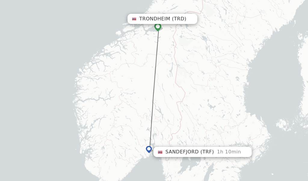 Flights from Trondheim to Sandefjord route map