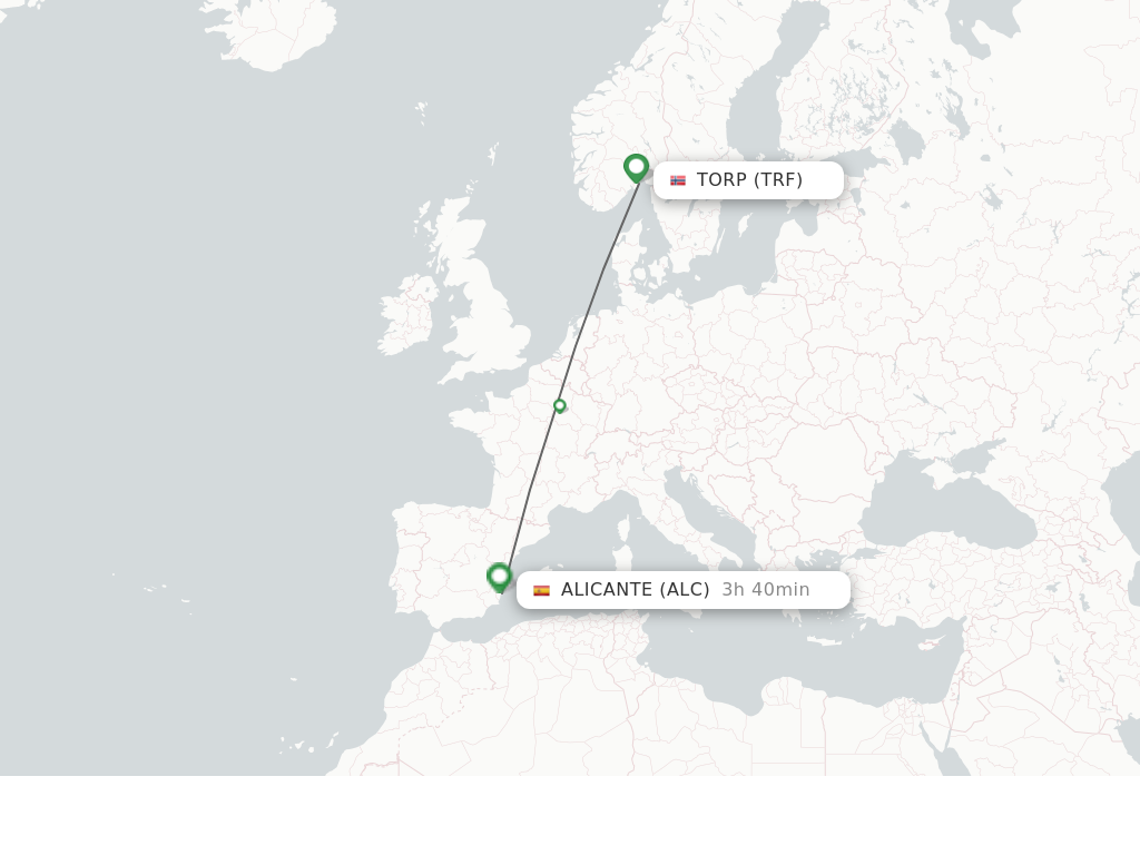 Flights from Torp to Alicante route map