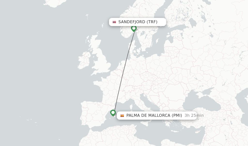 Flights from Sandefjord to Palma de Mallorca route map