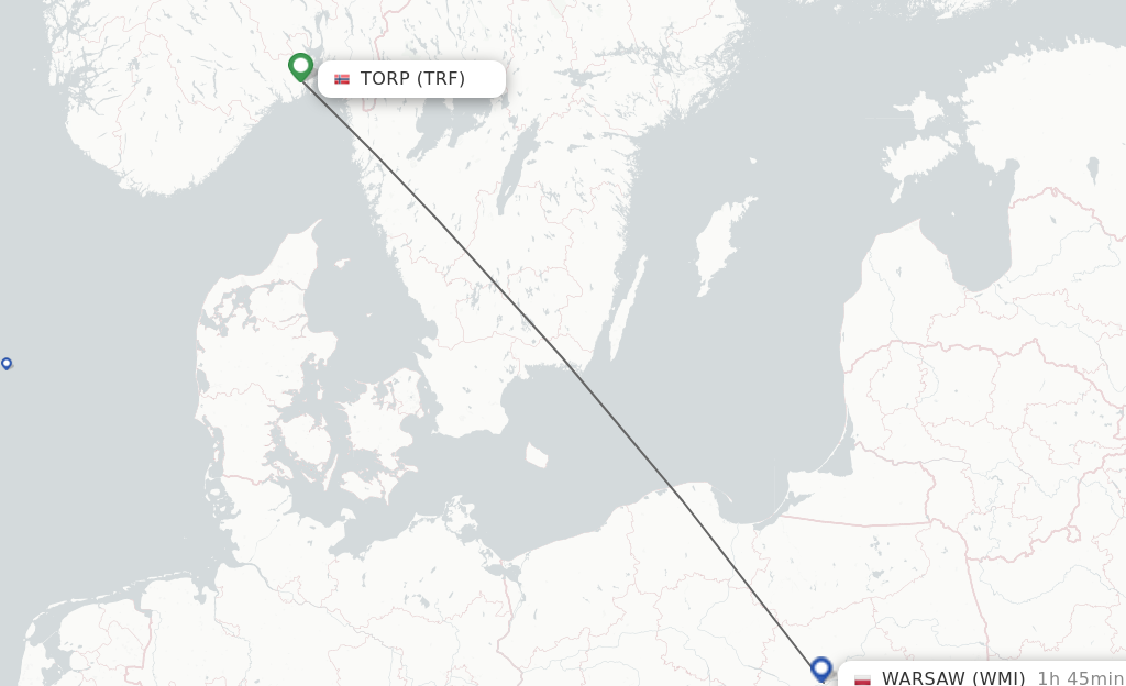 Flights from Torp to Warsaw route map