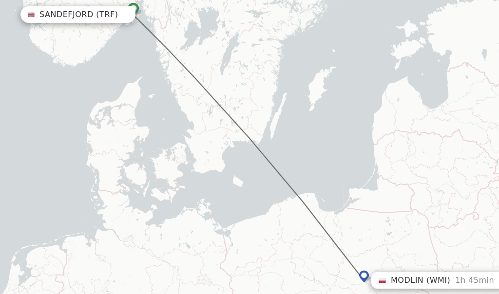 Flights from Sandefjord to Modlin route map