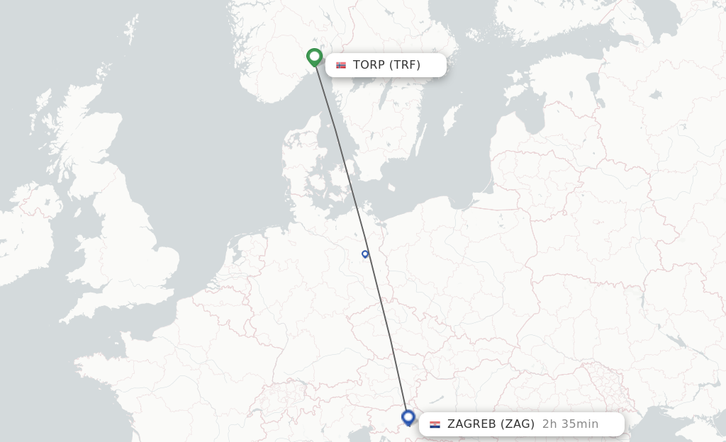 Flights from Sandefjord to Zagreb route map