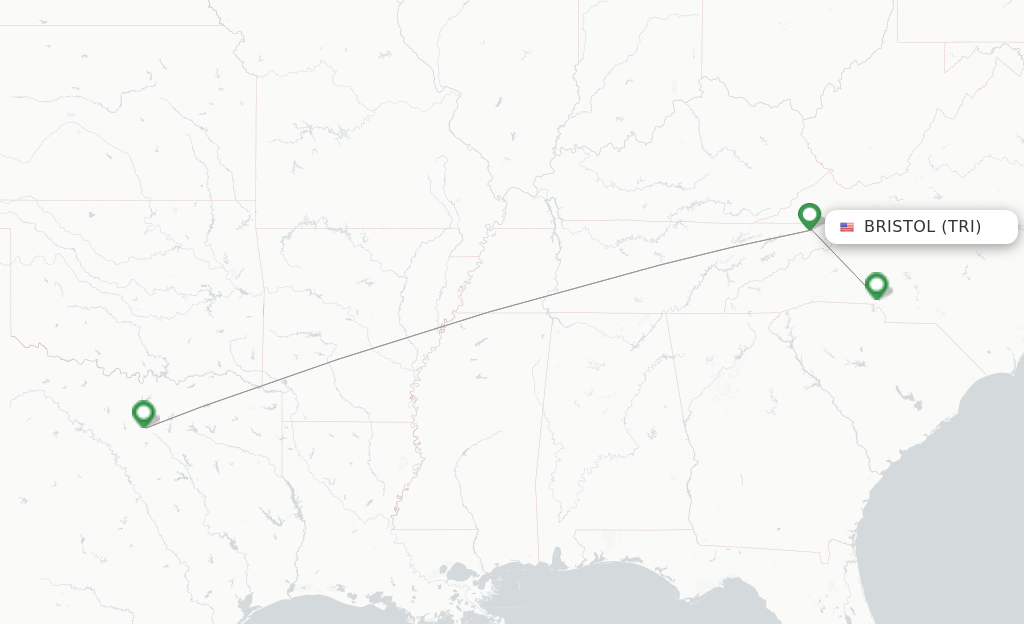 Route map with flights from Bristol, VA/Johnson City/Kingsport with American Airlines