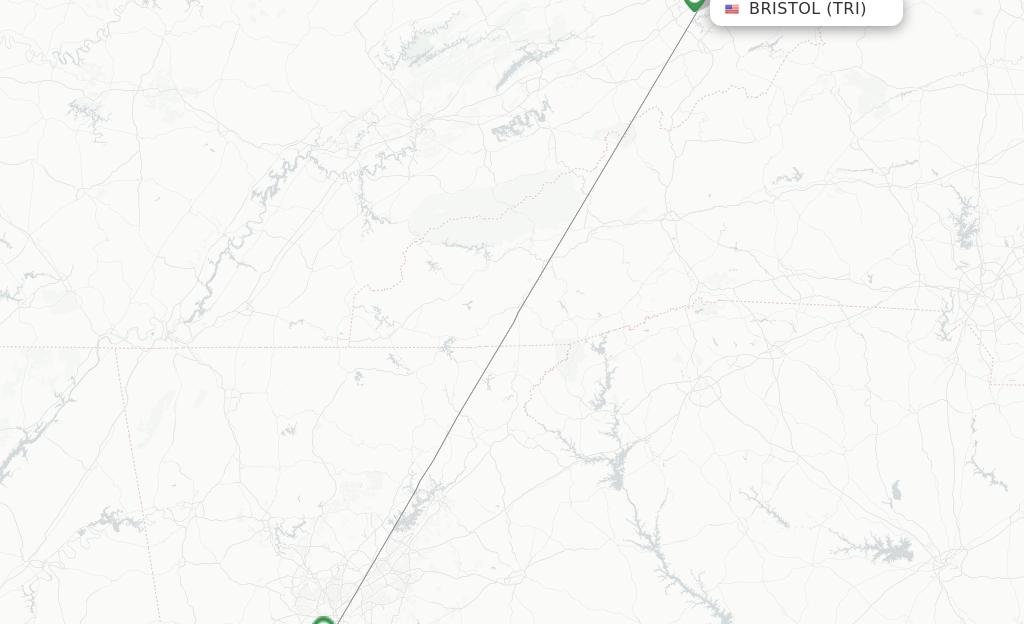 Route map with flights from Bristol, VA/Johnson City/Kingsport with Delta