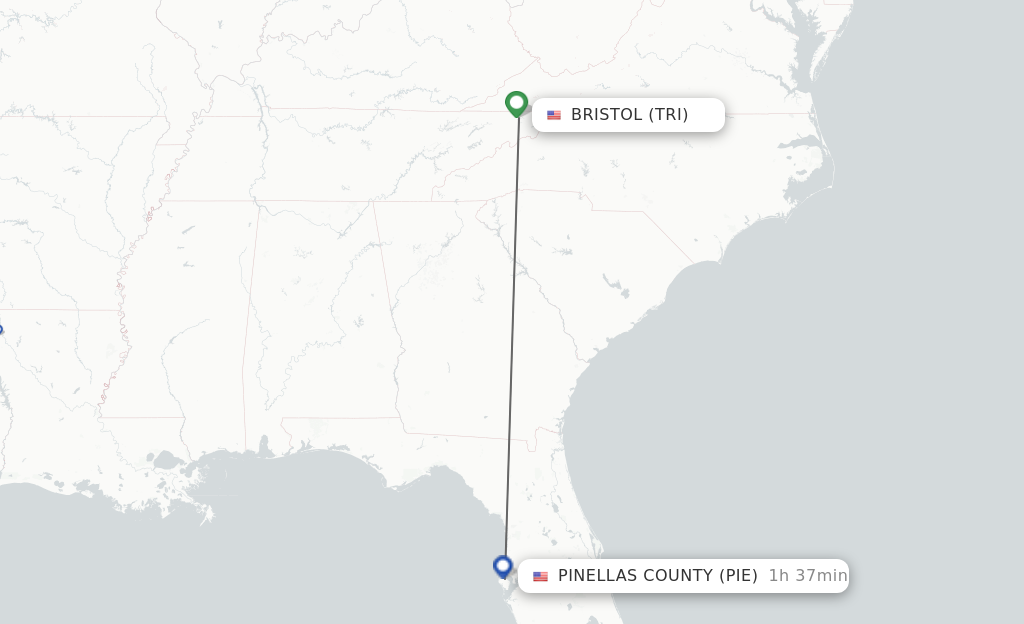 Flights from Bristol, VA/Johnson City/Kingsport to Saint Petersburg route map