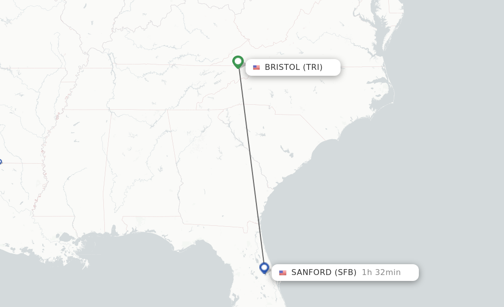 Flights from Bristol, VA/Johnson City/Kingsport to Orlando route map