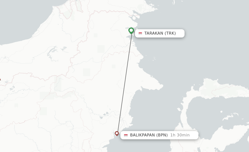 Flights from Tarakan to Balikpapan route map