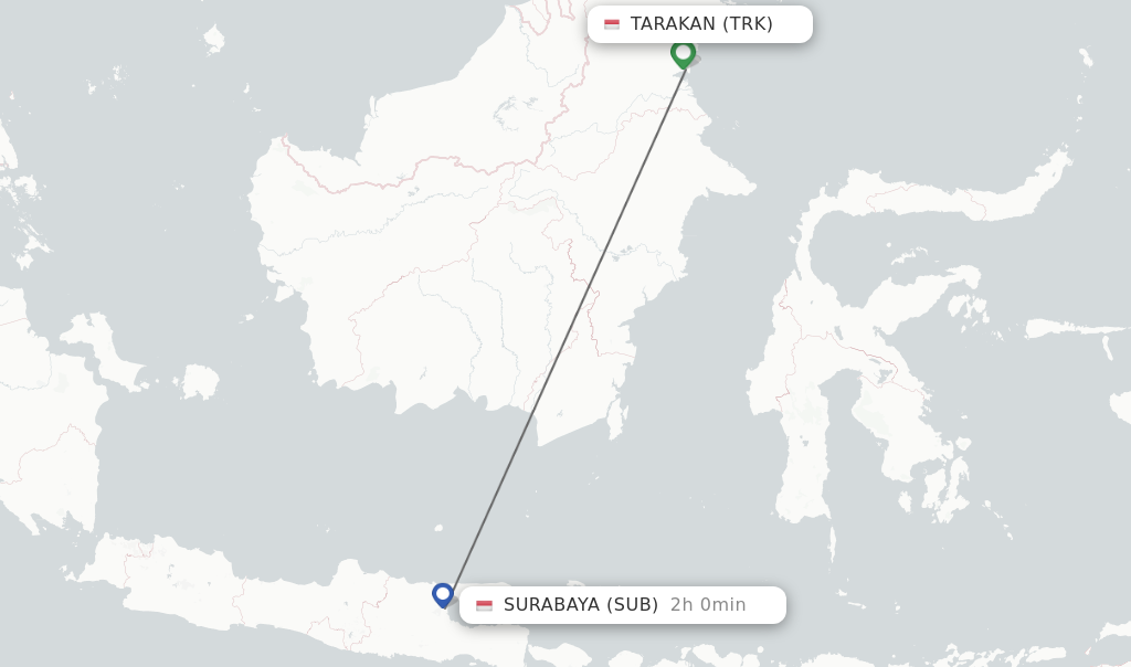 Flights from Tarakan to Surabaya route map