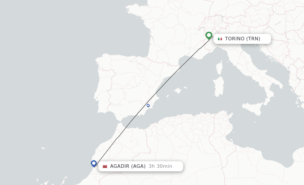 Flights from Turin to Agadir route map