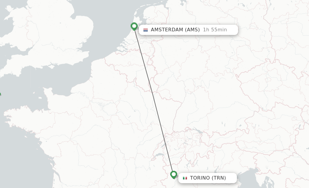 Flights from Turin to Amsterdam route map