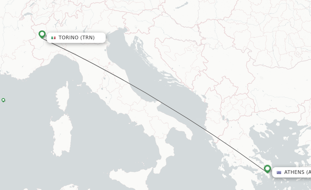 Flights from Turin to Athens route map