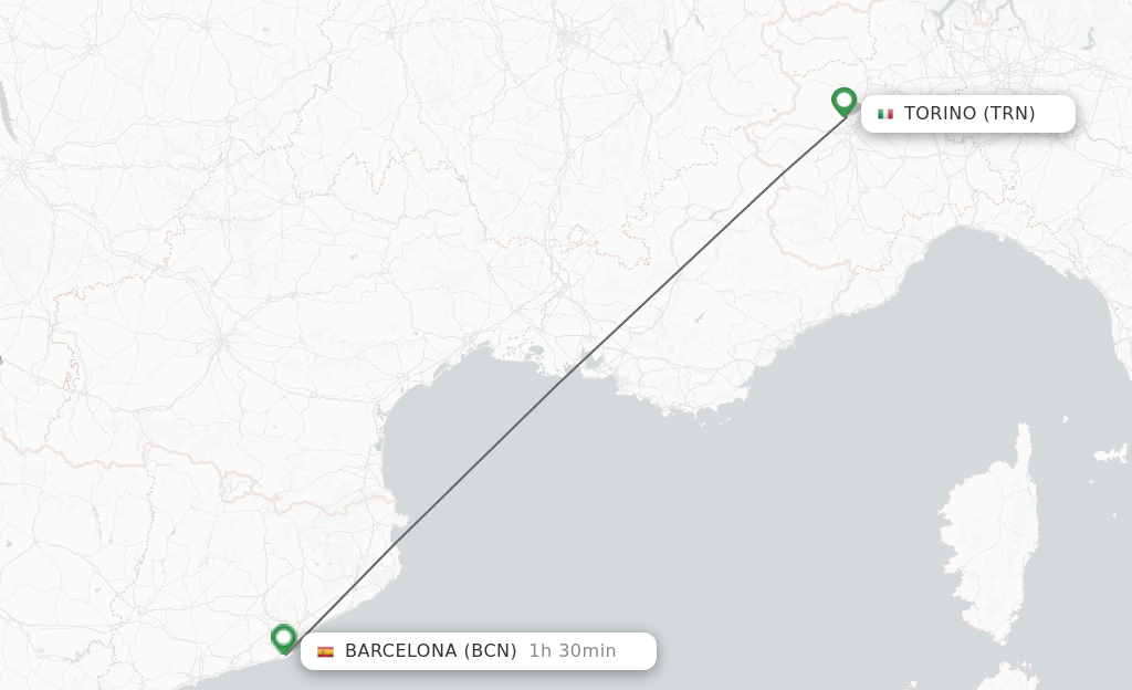 Flights from Turin to Barcelona route map