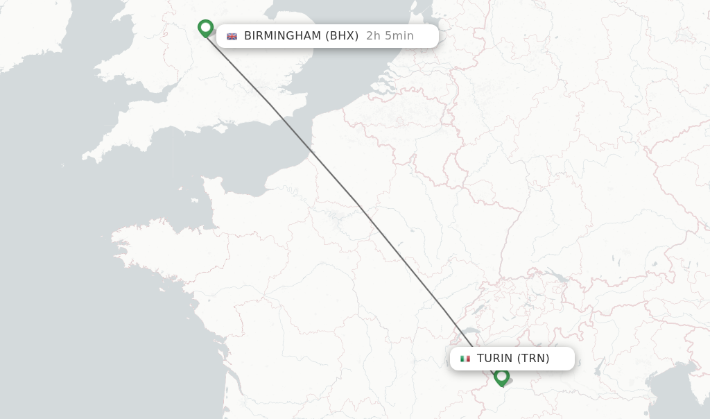 Flights from Turin to Birmingham route map