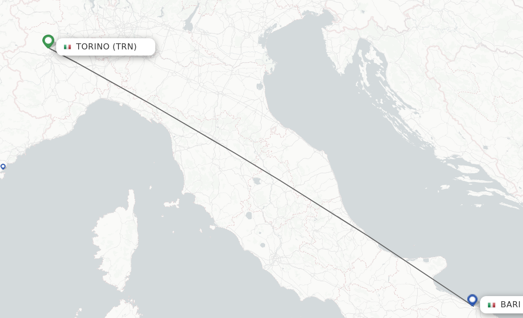 Flights from Turin to Bari route map
