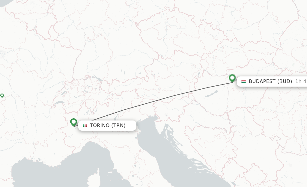 Flights from Turin to Budapest route map