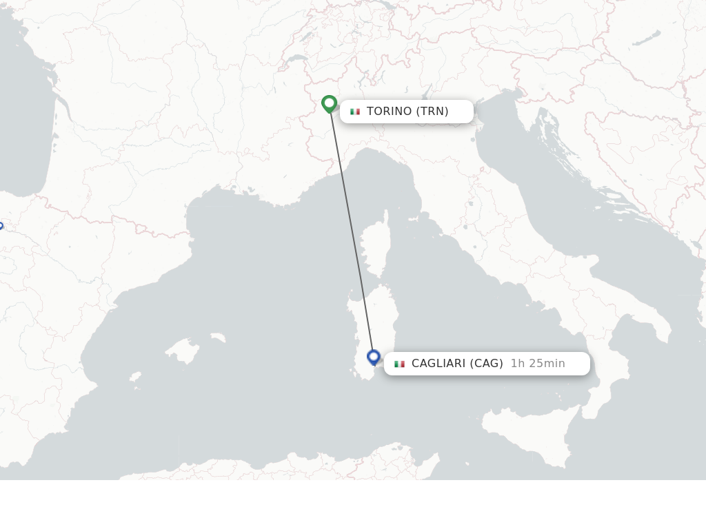 Flights from Turin to Cagliari route map