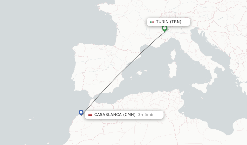 Flights from Turin to Casablanca route map