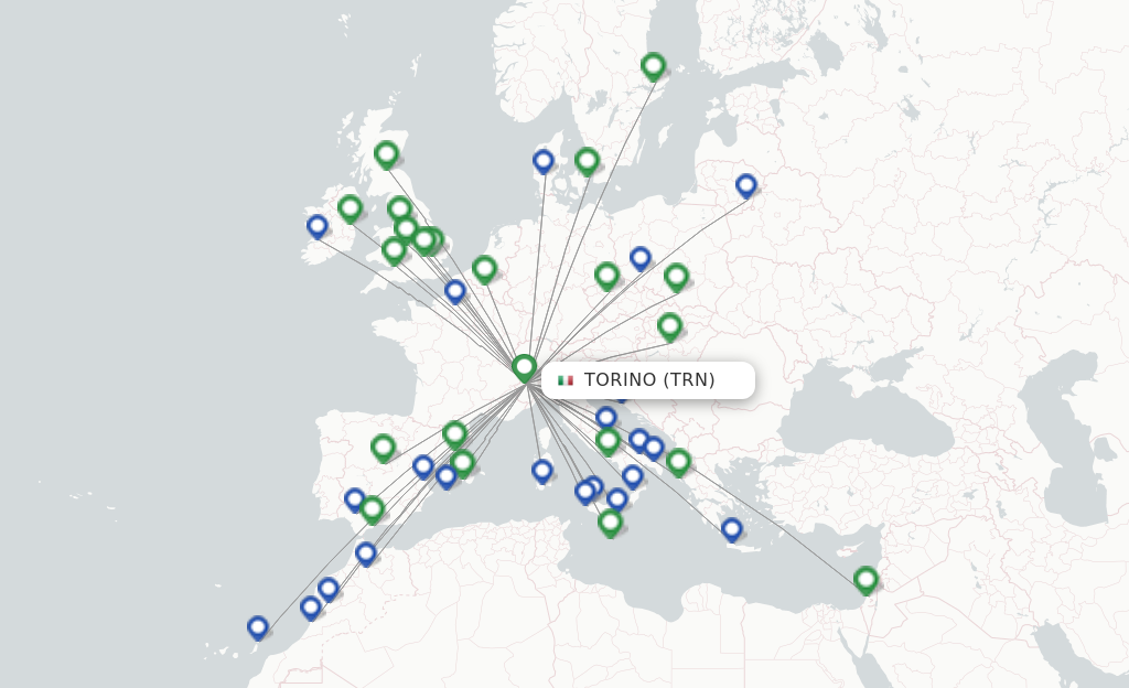 Route map with flights from Turin with Ryanair