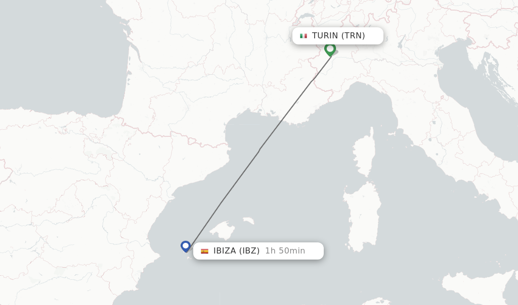 Flights from Turin to Ibiza route map