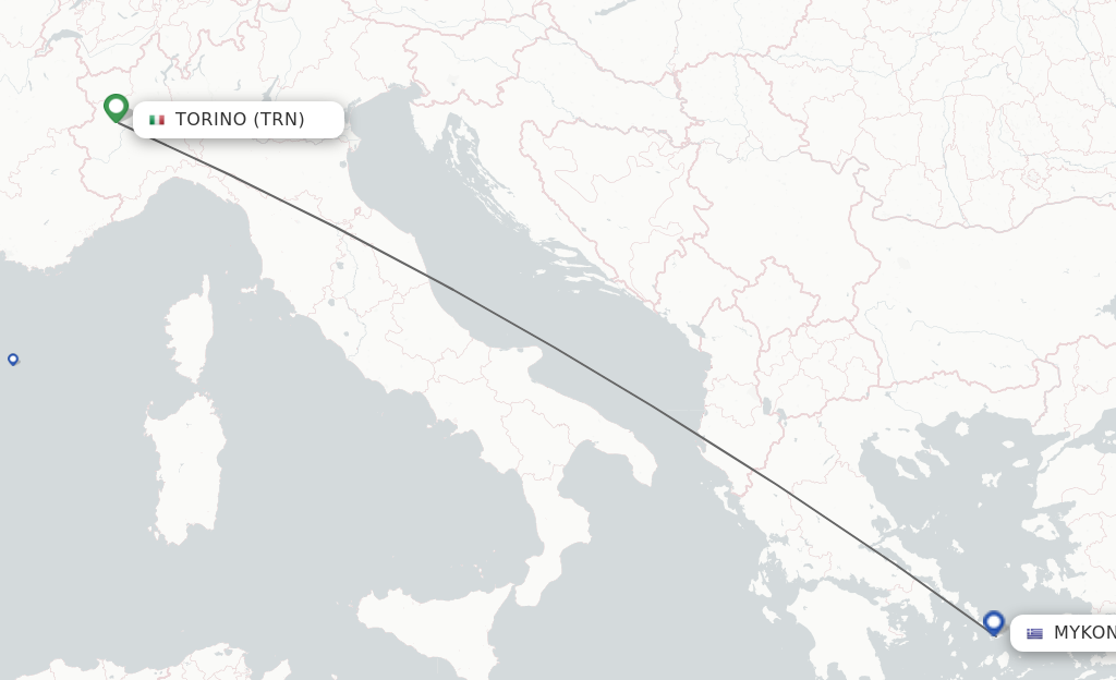 Flights from Turin to Mykonos route map