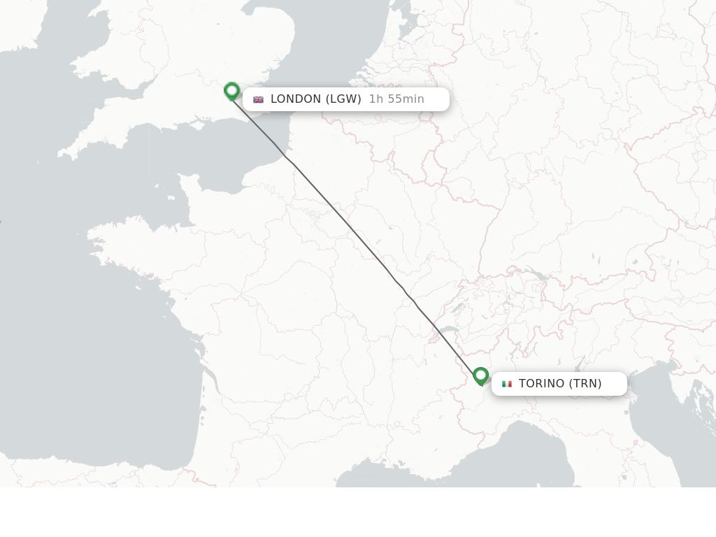 Flights from Turin to London route map