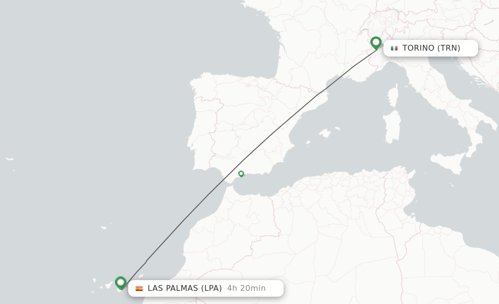Flights from Torino to Las Palmas route map
