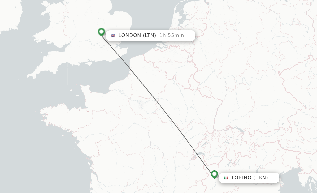 Flights from Turin to London route map