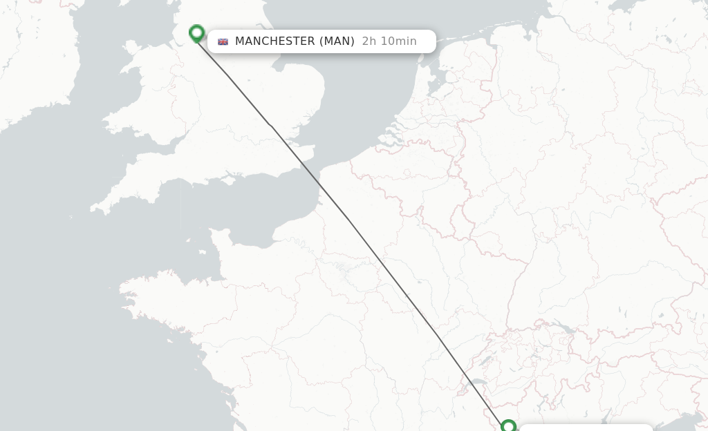 Flights from Torino to Manchester route map