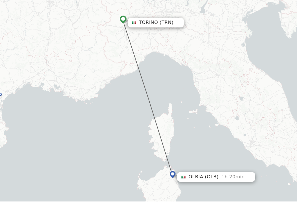 Flights from Turin to Olbia route map