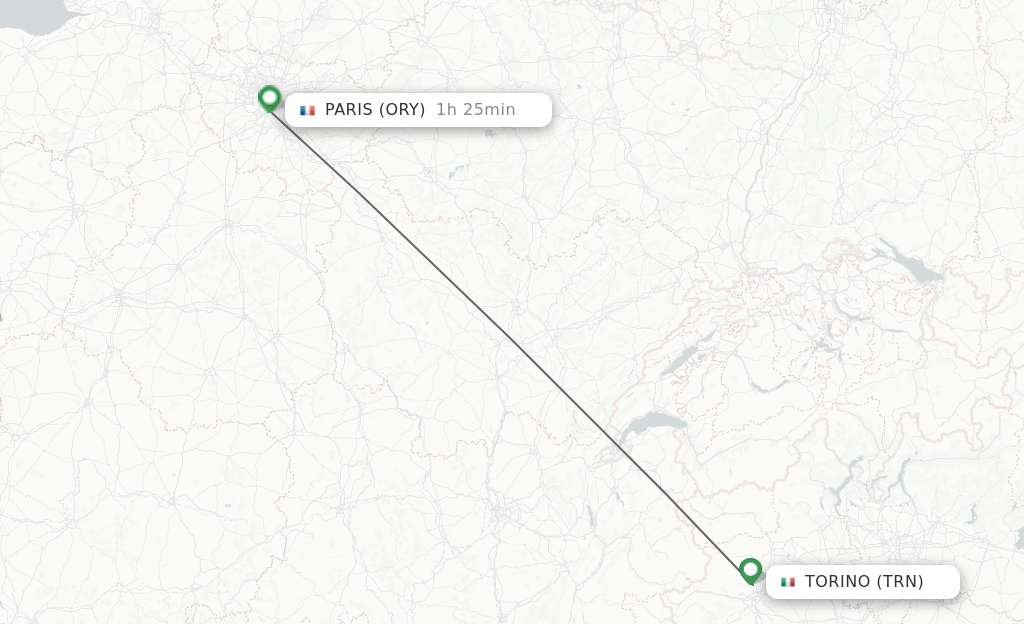 Flights from Turin to Paris route map