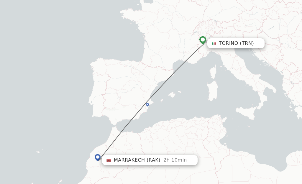 Flights from Turin to Marrakech route map