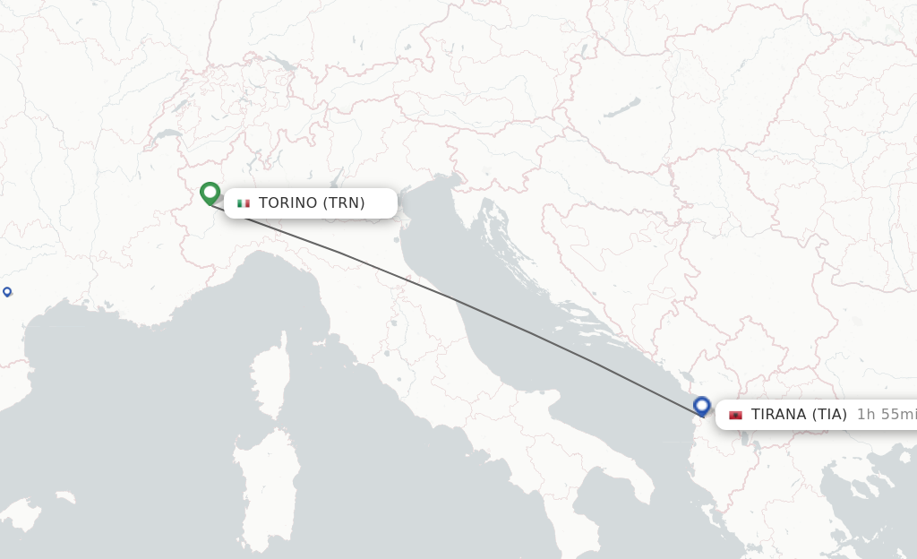 Flights from Turin to Tirana route map