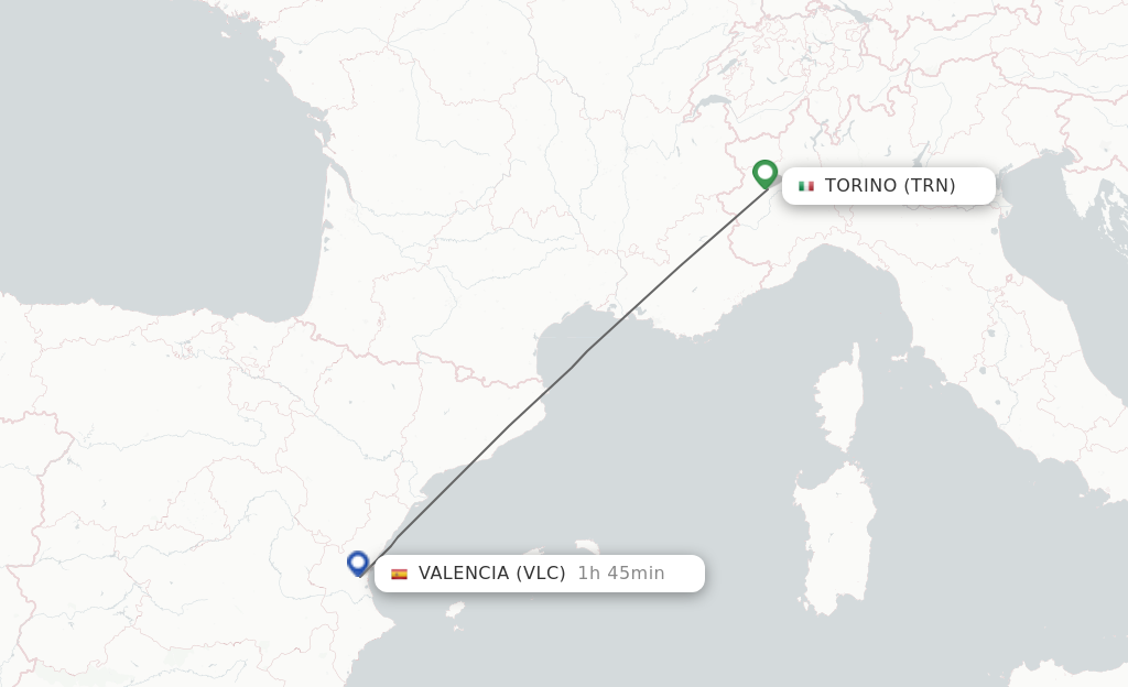 Flights from Turin to Valencia route map