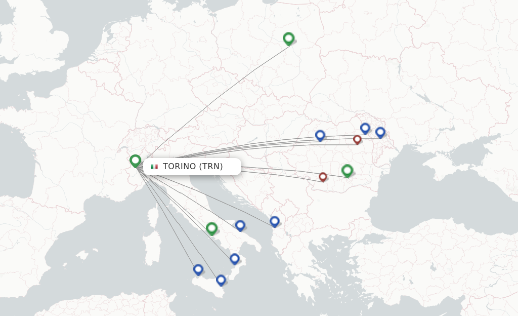Route map with flights from Torino with Wizz Air