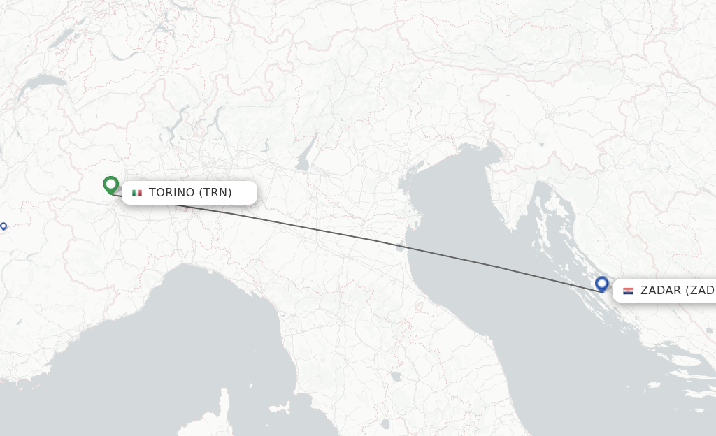 Flights from Turin to Zadar route map