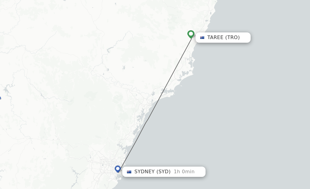 Flights from Taree to Sydney route map
