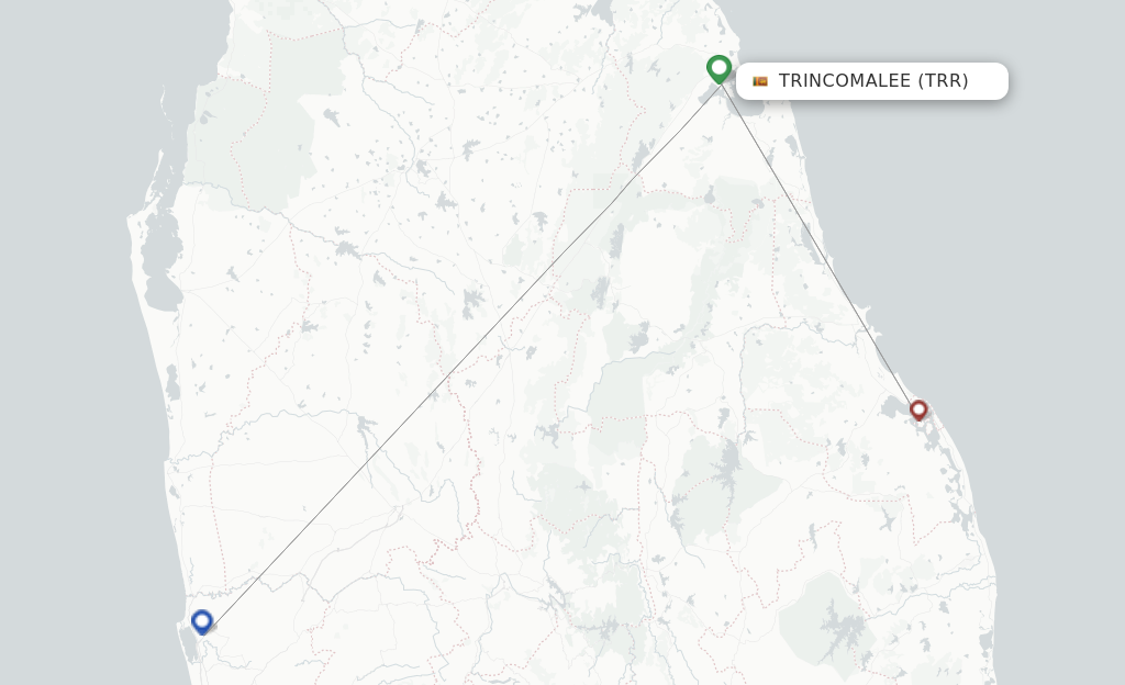Flights from Trincomalee to Batticaloa route map
