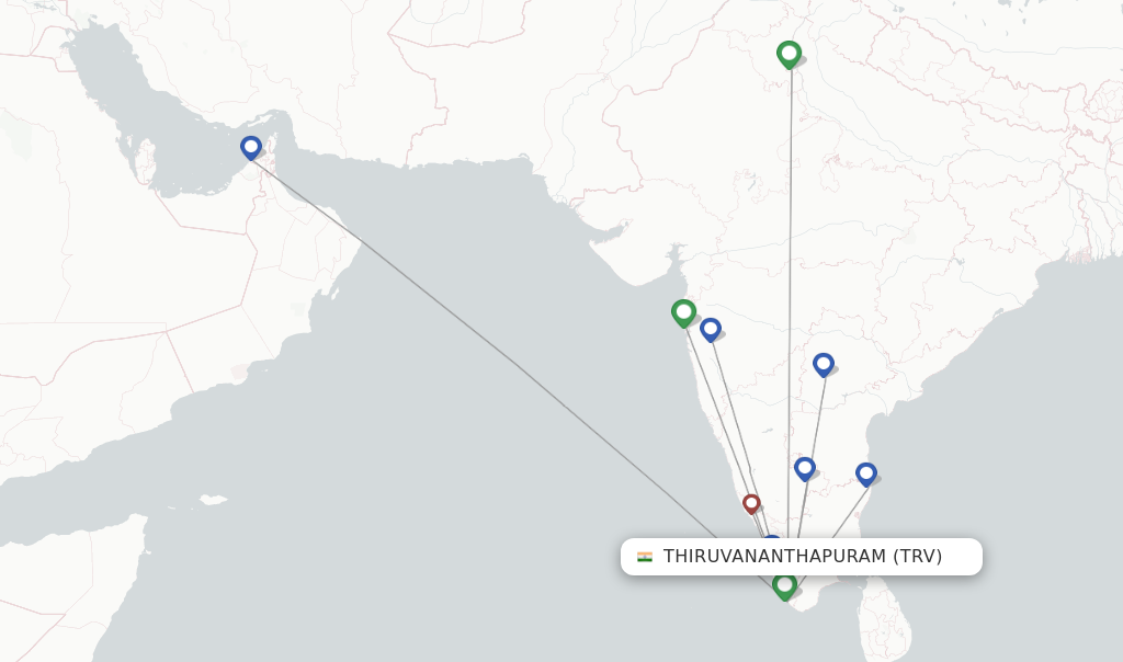 Route map with flights from Thiruvananthapuram with IndiGo