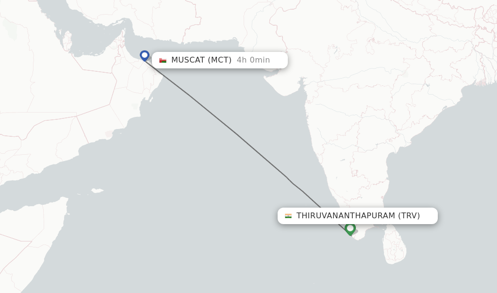 Flights from Thiruvananthapuram to Muscat route map
