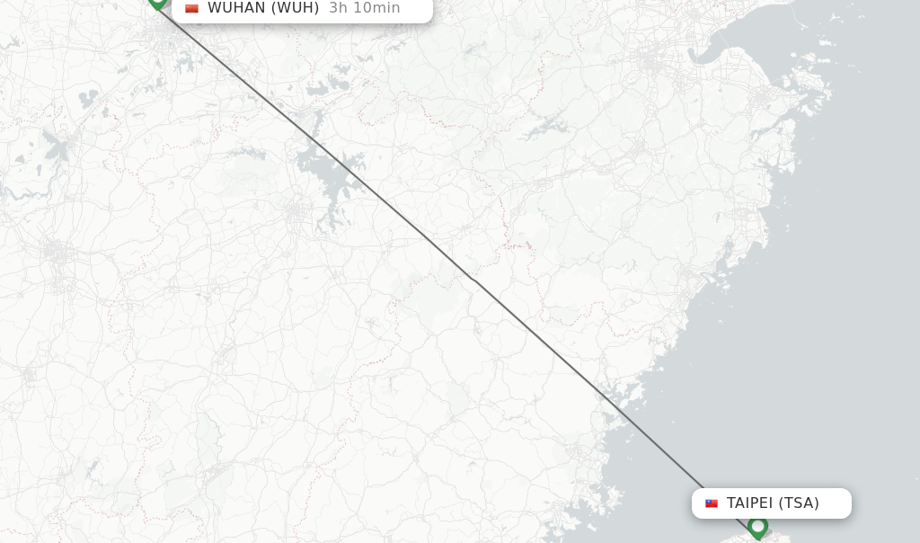 Flights from Taipei to Wuhan route map